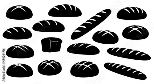 Bread Shapes Silhouettes: A set of 14 detailed black bread silhouettes, including round loaves, baguettes, and a loaf of bread. The silhouettes are isolated on a white background.