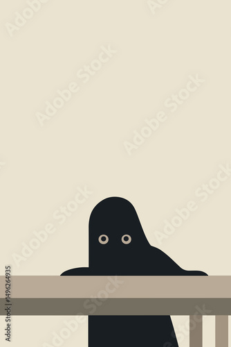Spooky stylized fear figure with worried eyes behind a table, flat color illustration with minimalistic eerie tone