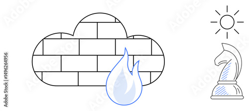 Cloud-shaped firewall with flame inside, sun for optimism, and chess knight for strategy. Ideal for cybersecurity, cloud storage, protection, digital safety, energy planning innovation. Minimal