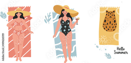 Woman Relaxing on Beach Towels Wearing Straw Hat and Swimsuit in Summer Vector Illustration 