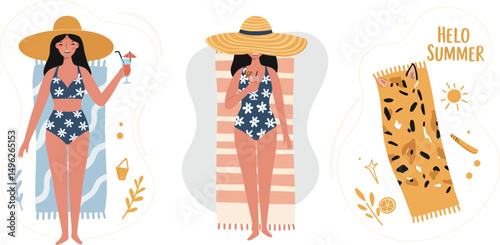 Women sunbathing in swimsuits with summer vibes and tropical leaf decorations vector illustration 