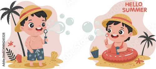 Two playful boys blowing bubbles on sandy beach with palm trees and summer hat vector illustration 
