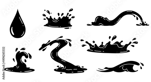 Fluid Dynamics in Ink: A series of dynamic ink splashes and a single drop capture the elegance of fluid dynamics. The high-contrast black and white render creates a captivating visual narrative.