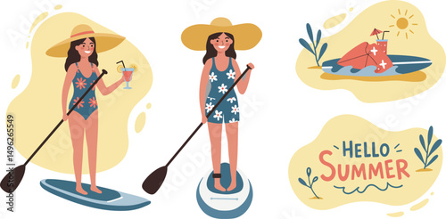 Woman Enjoying Summer Vacation with Paddleboard and Tropical Drink Vector Illustration 