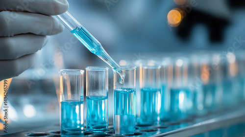 A gloved hand carefully uses a pipette to dispense a vibrant blue liquid into a row of clear test tubes in a laboratory setting.