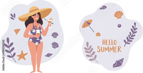 Woman in floral swimsuit with straw hat enjoying cocktail and sunglasses summer relaxation vector illustration 