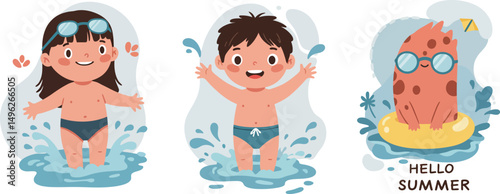 Happy kids enjoying water play and summer pool fun with float ring and splashing waves in outdoor activity 