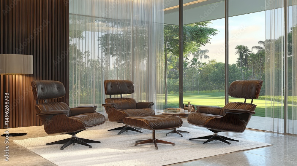 Fototapeta premium Elegant home interior featuring pleated sheer curtains and stain-resistant white rug