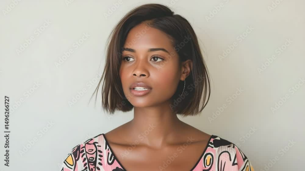 A stylish young woman with a sleek bob speaks to the camera in a vibrant abstract top, creating a modern and engaging video moment against a plain backdrop.