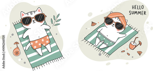 Three relaxed women sunbathing on towels with sunglasses and summer vibes vector illustration 