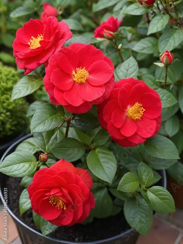 Red floribunda Rosa Lavaglut blossom in garden