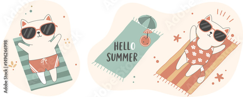 Cute cat in summer outfit with hat and beach ball enjoying vacation vector illustration 