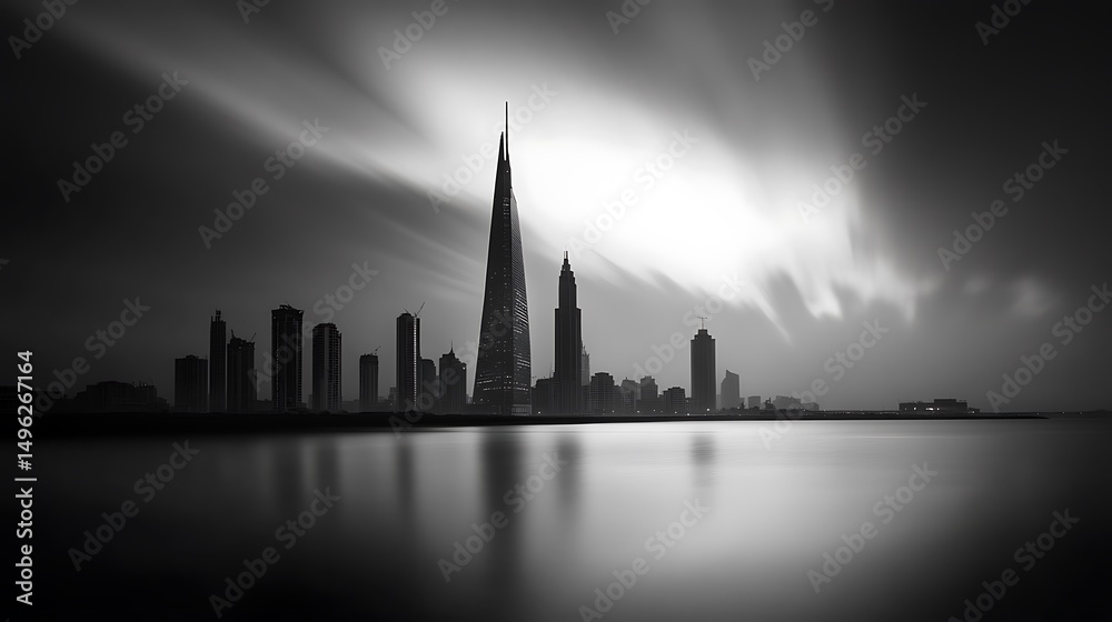 Fototapeta premium Dubai skyline at night, United Arab Emirates. Black and white
