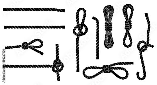 Navigational Knots: A comprehensive collection of expertly tied nautical knots against a clean backdrop. perfect for illustrating navigation, securing, or decorative purposes.