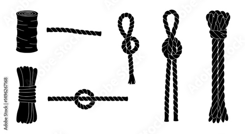 Rope Knot Set:  A versatile set of black rope knots and spools.  Knots illustrated with a black silhouette on white background.   Perfect for crafting, DIY projects, nautical themes, and more. 