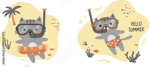 Cute cartoon cats snorkeling and relaxing on summer beach vector illustration with palm trees and umbrella 