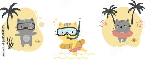 Cartoon cats wearing snorkeling gear and swimwear in summer beach setting with palm tree and seaweed vector illustration 