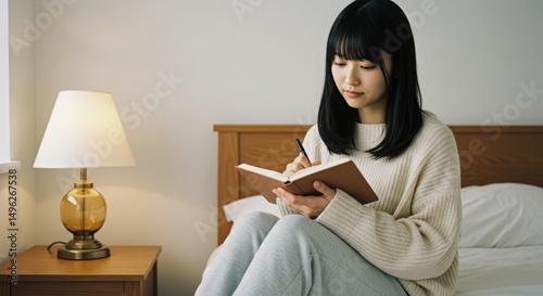 Young Woman Writing in Journal While Sitting on Bed in Cozy Room