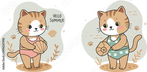 Cute cats wearing summer swimwear holding flowers in playful summer vector illustration 