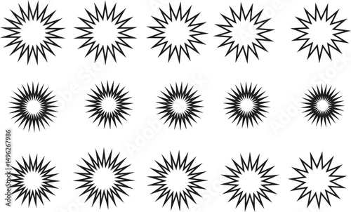  Monochrome Sunburst Vector Elements Collection for Minimal Abstract Background Concepts and High-Contrast Graphic Patterns.