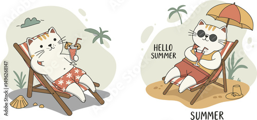 Relaxed cats lounging on deck chairs with sunglasses tropical summer beach scene vector illustration 