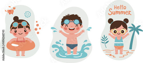 Children Playing in Summer Water Splash with Cat on Pool Float Illustration Vector 
