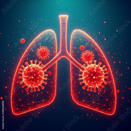 Lungs. World Asthma Day concept. Banner template with glowing low poly. Futuristic modern abstract. Isolated on dark background. Vector illustration.