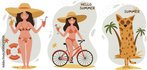 Women enjoying summer with cocktails and bicycle riding in warm sunny weather vector illustration 