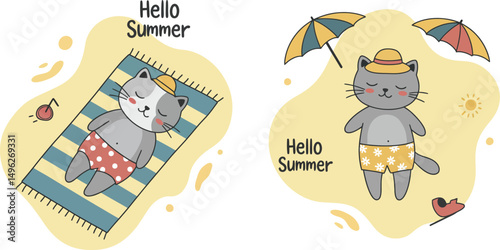 Relaxed cat in summer hat sunbathing on towel with ice cream and lifebuoy vector illustration 