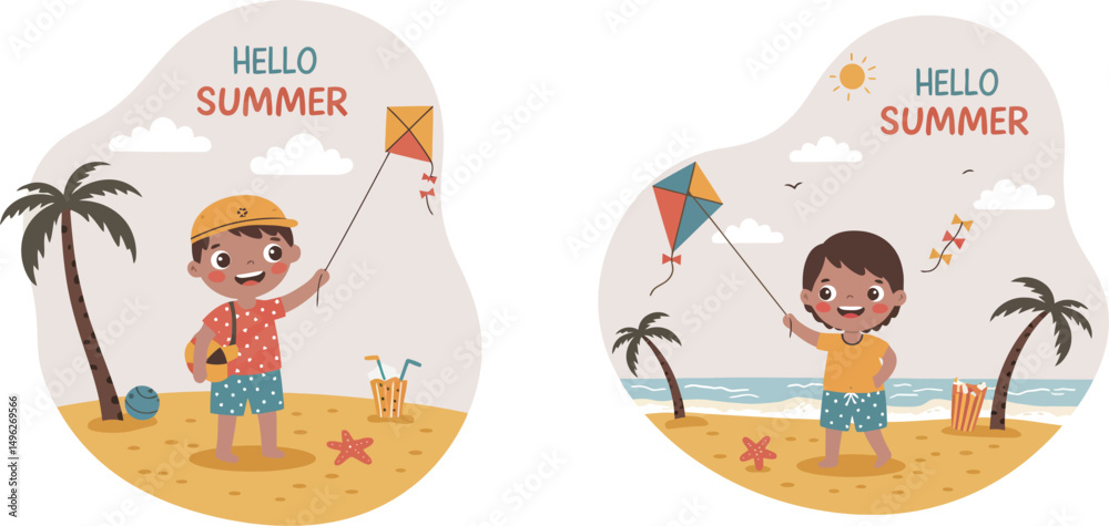 Naklejka premium Children Flying Kites on Beach Summer Scene with Palm Trees and Starfish Vector Illustration 