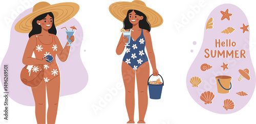 Woman in floral swimsuit holding bucket and ice cream with summer seashells and greeting vector illustration 