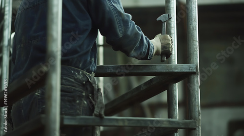 Construction Worker Using Hammer on Scaffolding
