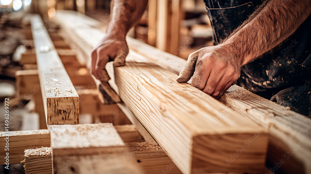 Carpenter Working with Wooden Beams in Construction Site Carpenter Working with Wooden Beams in Construction Site