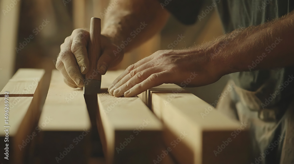 Obraz premium Carpenter Marking Wood with Pencil