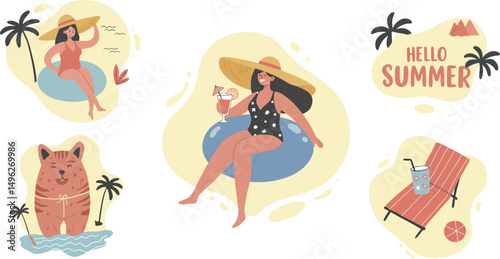 Women relaxing on summer beach with drink and sunhat in colorful swimsuits vector illustration 