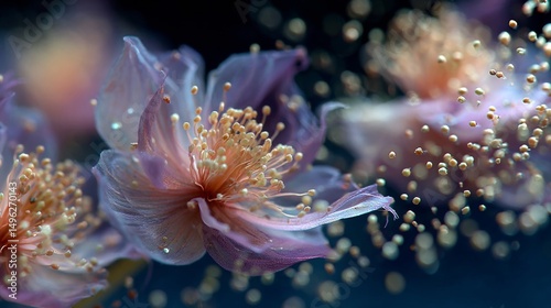 Title: "Ethereal Bloom: Macro Photography of Delicate Flowers Dispersing Pollen in Dark Studio"