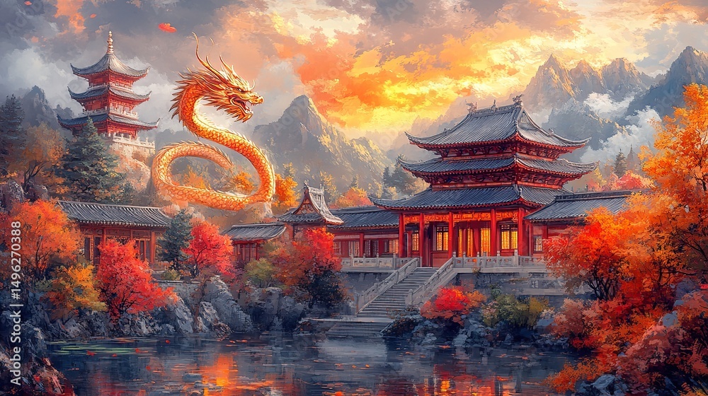 Obraz premium Golden dragon guards ancient Asian temple in autumnal landscape
