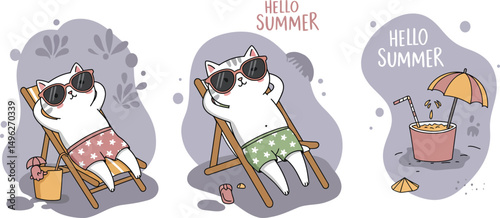 Cats relaxing on beach chairs with sunglasses and summer vibes vector illustration for seasonal leisure and vacation themes 