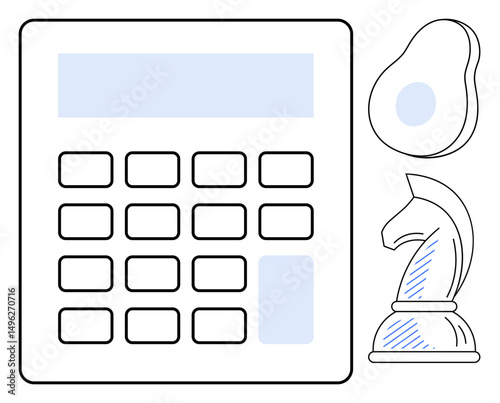 Calculator, avocado slice, and chess knight symbolizing financial management, healthy lifestyle, strategic planning. Ideal for finance, health, strategy decision-making productivity learning. Flat