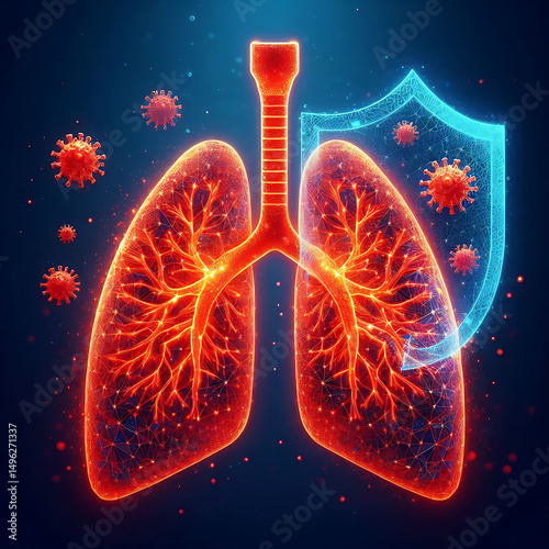Lungs. World Asthma Day concept. Banner template with glowing low poly. Futuristic modern abstract. Isolated on dark background. Vector illustration.
