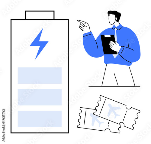 Businessman pointing at battery icon with clipboard, alongside airplane tickets, evoking productivity, energy, strategic planning, work-life balance, future goals, efficiency, flat simple metaphor