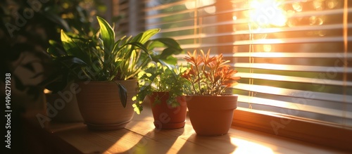 Potted Plant by Window with Blinds in Morning Light
