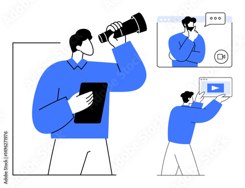 Modern professionals using a tablet, searching with a telescope, engaged in online video calls, and sharing digital media. Ideal for teamwork, remote work, innovation, connection, exploration