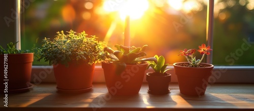 Potted Plants on Windowsill with Sunset Light