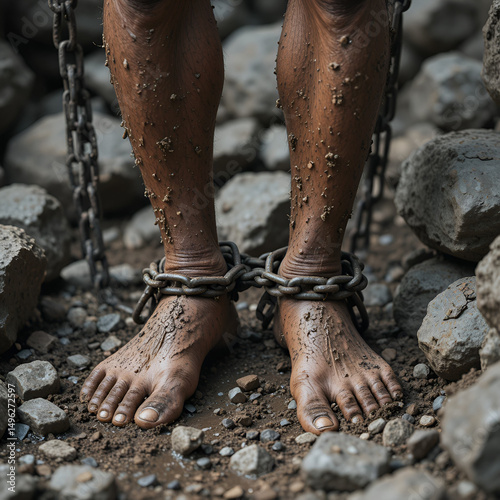 Dirty slave legs in chains among stones. Slave in an attempt to free himself. The symbol of slave labor