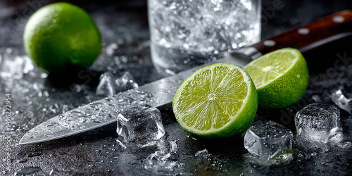 half a lemon with a glass of ice and a lemon cutting knife generativa IA