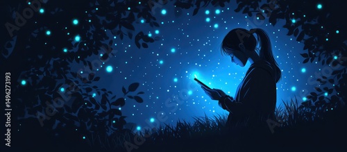 Woman Using Phone in Fantasy Forest