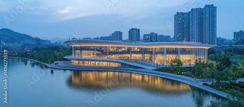 Building Facade at Dusk Near Water