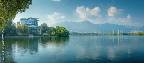 Lake with House, Mountains and Skyline