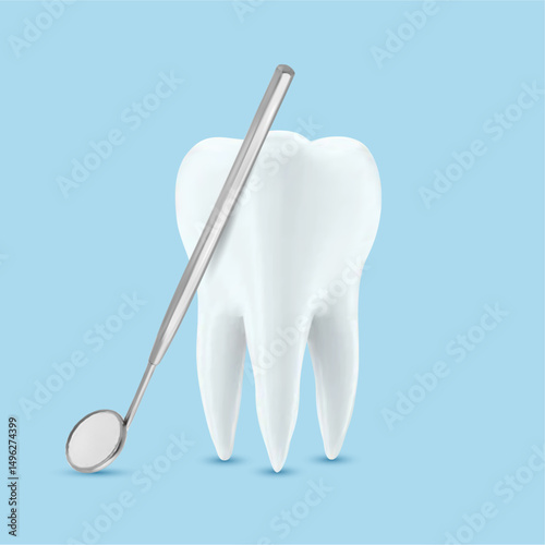 3d tooth icon with dental mirrow isolated on a blue background